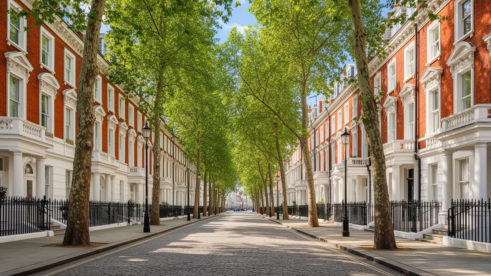 Stucco-fronted Kensington townhouses on a W8 garden square — property maintenance in Kensington by coreMaint