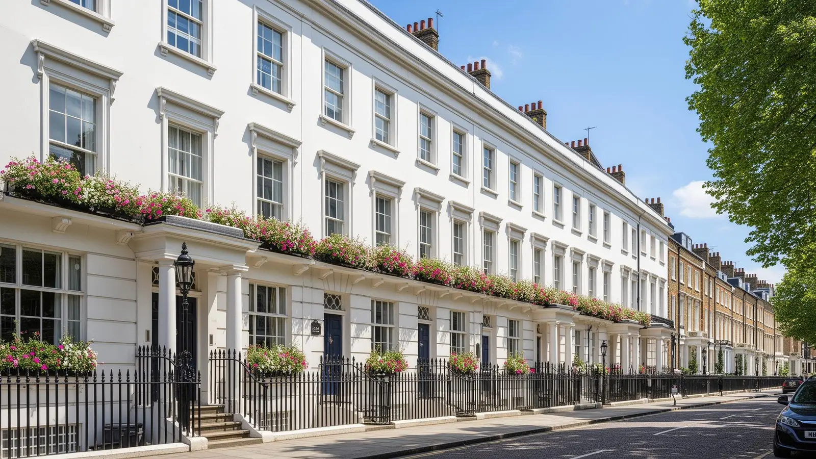 Chelsea Victorian townhouse exterior on a tree-lined SW3 street — property maintenance in Chelsea by coreMaint