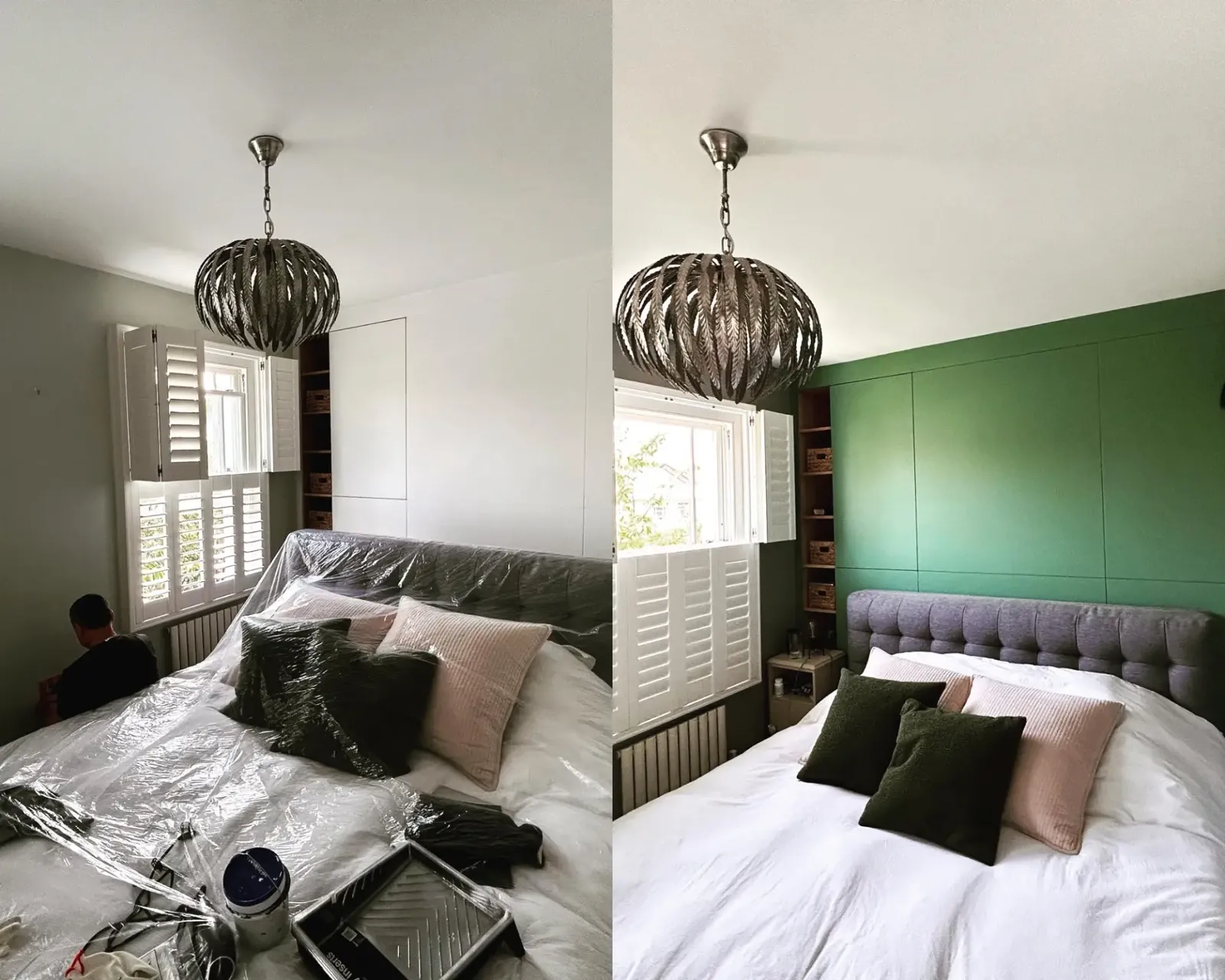 Before and after of a bedroom wall and flush wardrobe doors painted green, painting and decorating in Maida Vale by coreMaint
