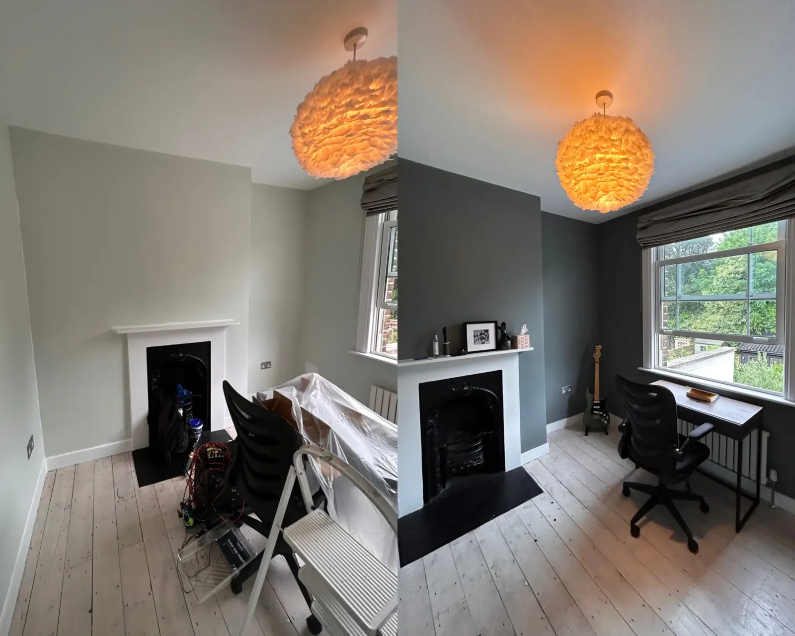 Before and after of a period home office repainted in grey Farrow & Ball, painting and decorating in Greenwich by coreMaint