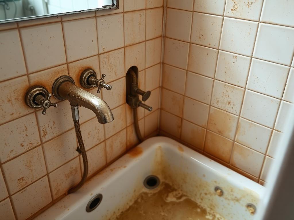 Before: Grimy bathroom — fully descaled and deep cleaned by coreMaint