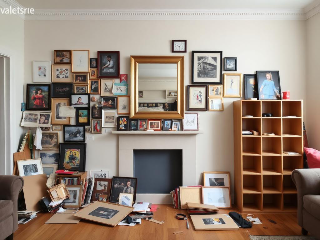 Before: Pile of unhung pictures — gallery wall fitted in one visit by coreMaint