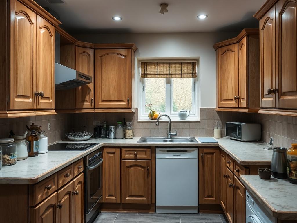 Before: Dated oak kitchen — refurbished with shaker units & quartz by coreMaint
