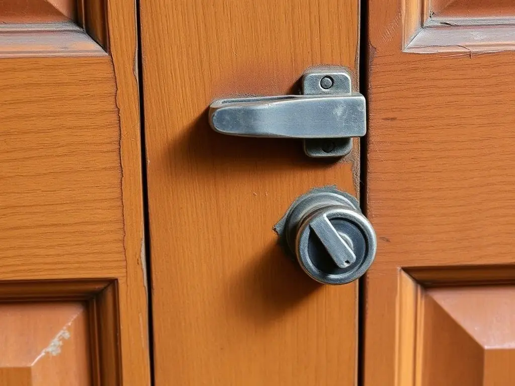 Before: Worn door & lock — repaired and refinished by coreMaint